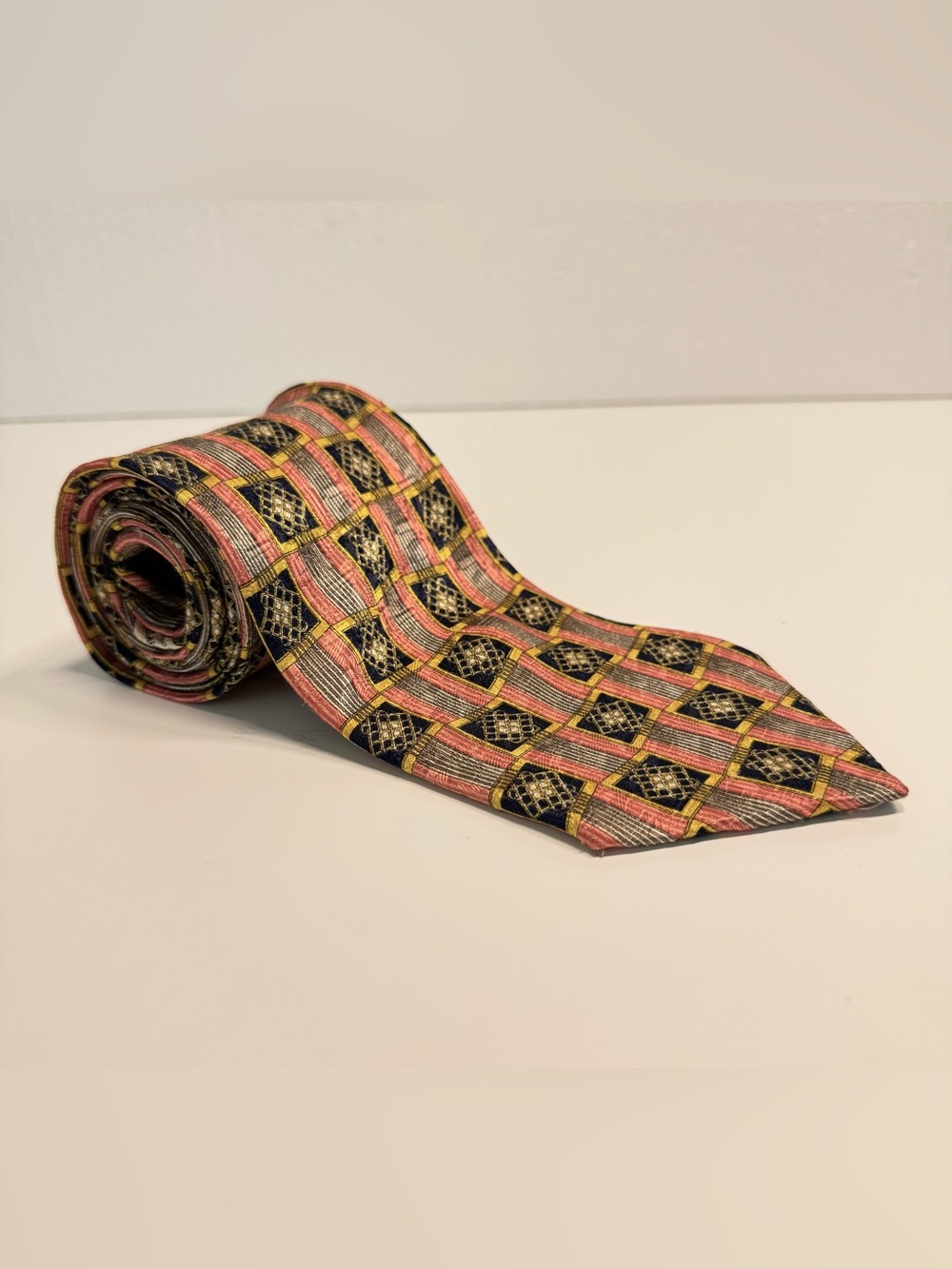 ERMENEGILDO ZEGNA Gold Pink Mosaic Print Silk Tie Made In Italy
